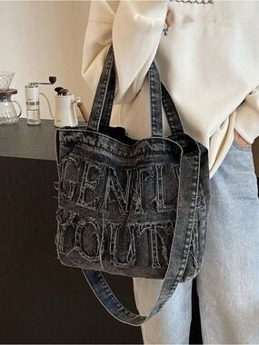 Gentle Youth Y2K Denim Edgy Distressed Dark Grey Wash Casual Tote Bag Boho